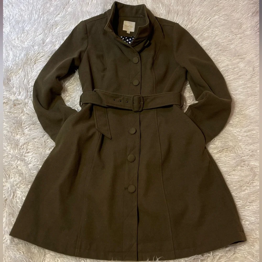 Modcloth Olive Belted High Collar Wool Coat - Picture 9 of 13